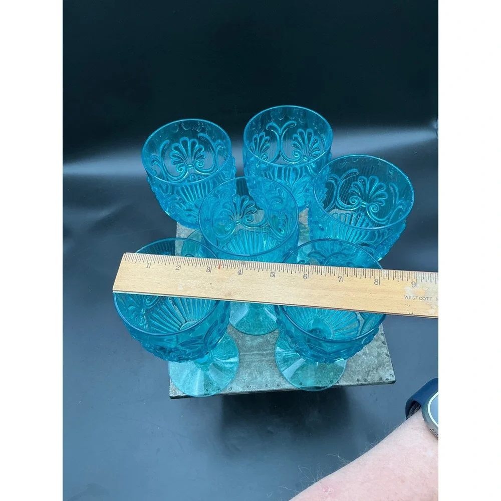 Set of 6 Turquoise Blue Acrylic Wine Goblets Embossed Scroll Pattern 7 inch